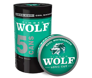 A roll of 5 cans of Timber Wolf Long Cut Cool Wintergreen moist snuff.