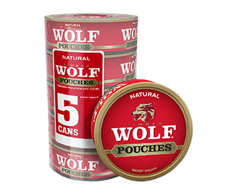 A roll of 5 cans of Timber Wolf Natural moist snuff pouches.