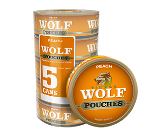 A roll of 5 cans of Timber Wolf Peach moist snuff pouches.