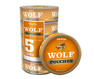 A roll of 5 cans of Timber Wolf Peach moist snuff pouches.