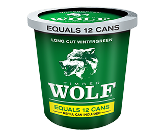 A tub of Timber Wolf Wintergreen moist snuff.