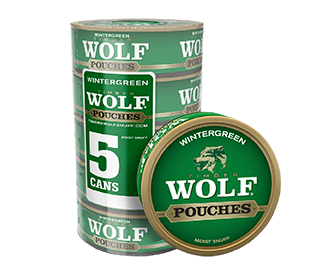 A roll of 5 cans of Timber Wolf Wintergreen moist snuff pouches.